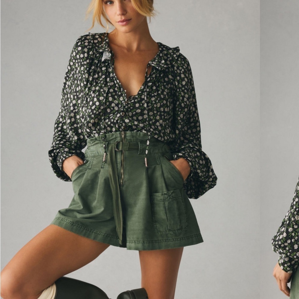 Anthropologie Button Front Peasant Blouse Black Green Peter Pan Collar Sz L NEW